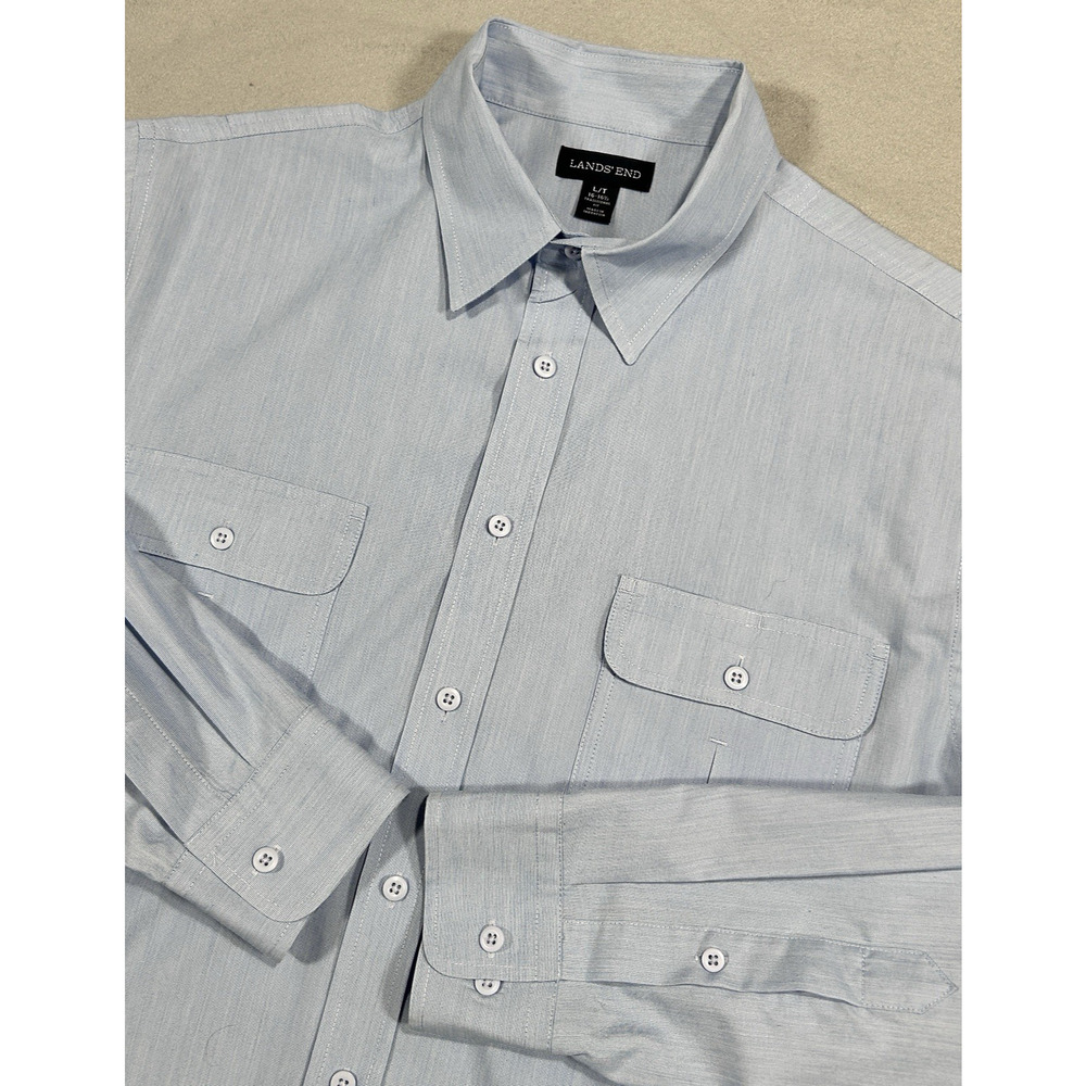 Land's End Traditional Fit Men Large Poly Wool Baby Blue Woven Long Sleeve Shirt